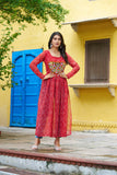 Banjara India Bandhej Printed with kutchi Patch-work Faux Georgette Kurti- Red