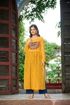 Banjara India Bandhej Printed with kutchi Patch-work Faux Georgette Kurti- Mango