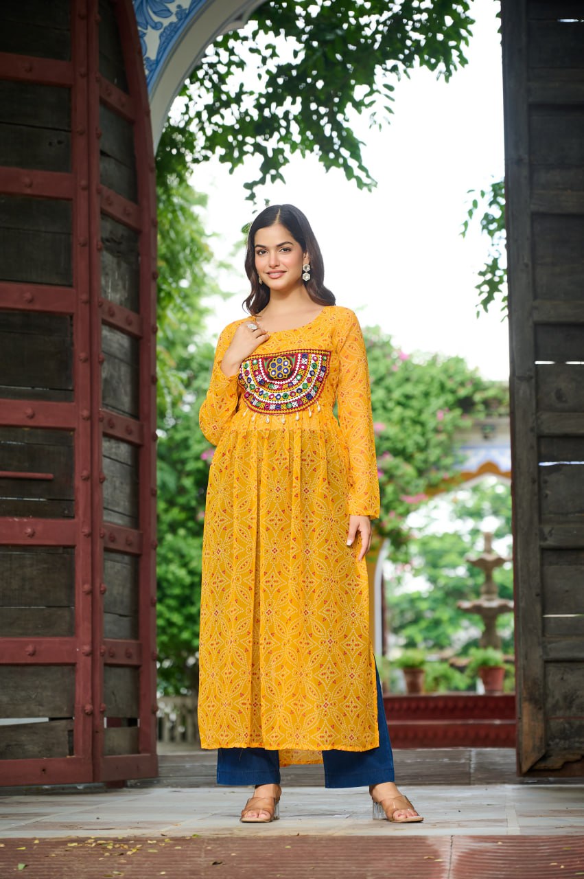 Banjara India Bandhej Printed with kutchi Patch-work Faux Georgette Kurti- Mango