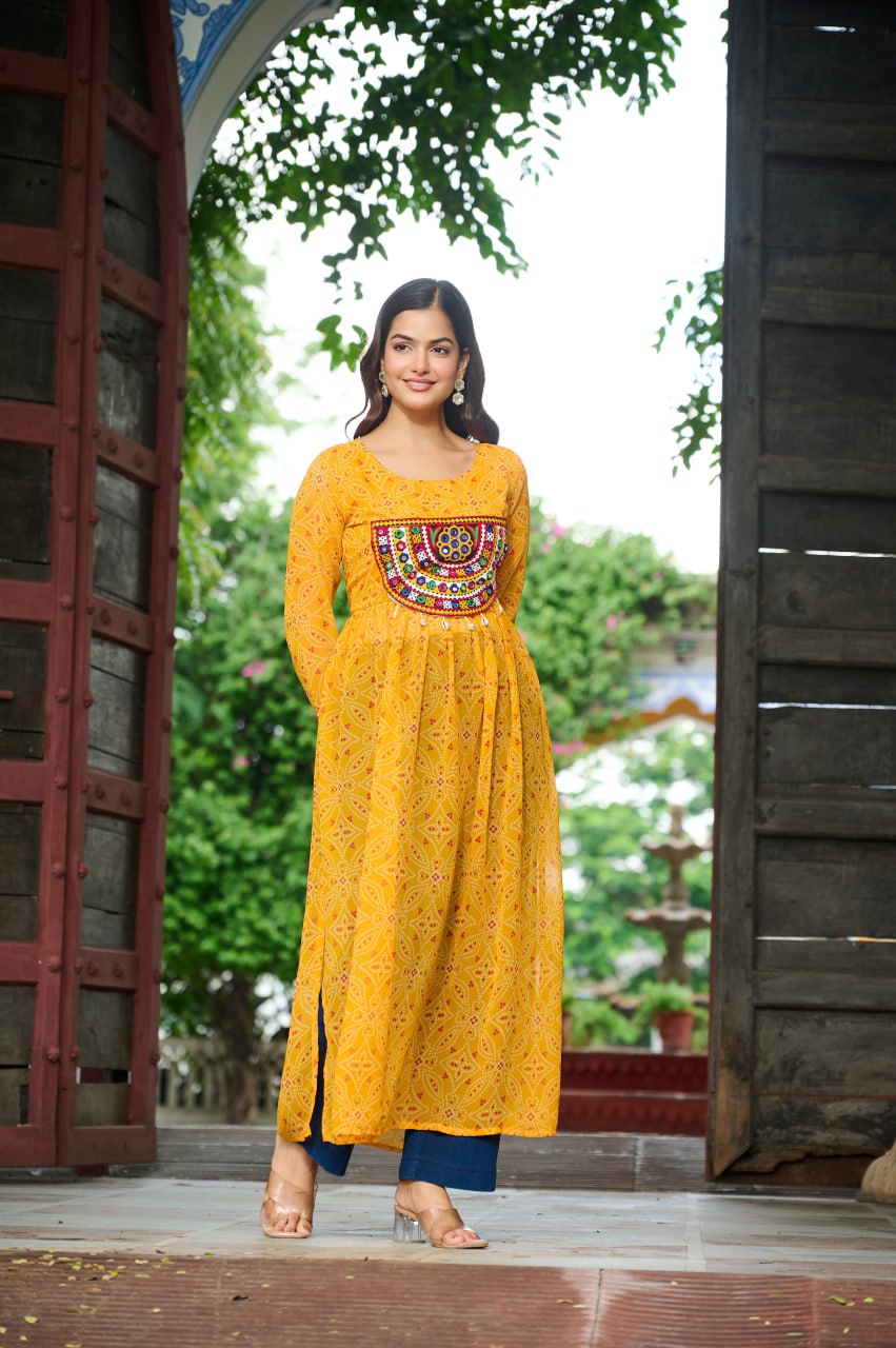 Banjara India Bandhej Printed with kutchi Patch-work Faux Georgette Kurti- Mango