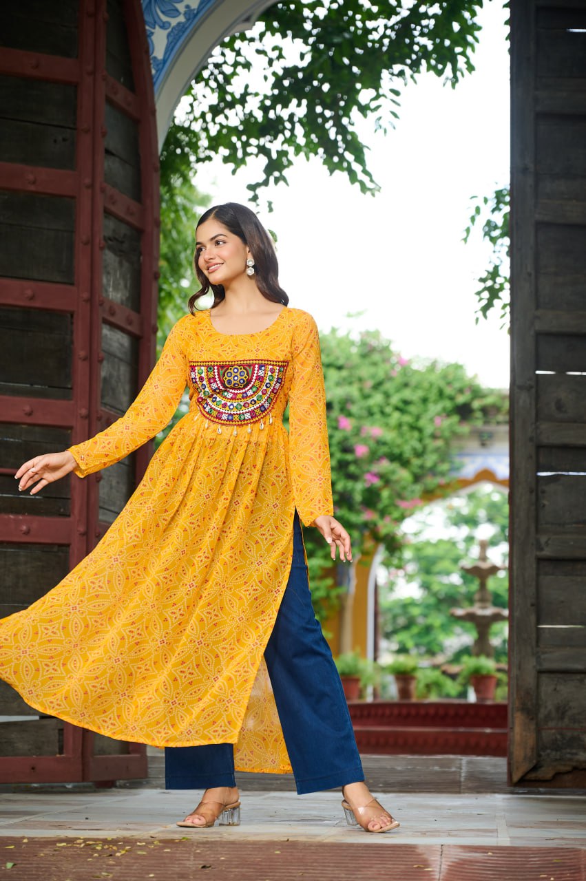 Banjara India Bandhej Printed with kutchi Patch-work Faux Georgette Kurti- Mango