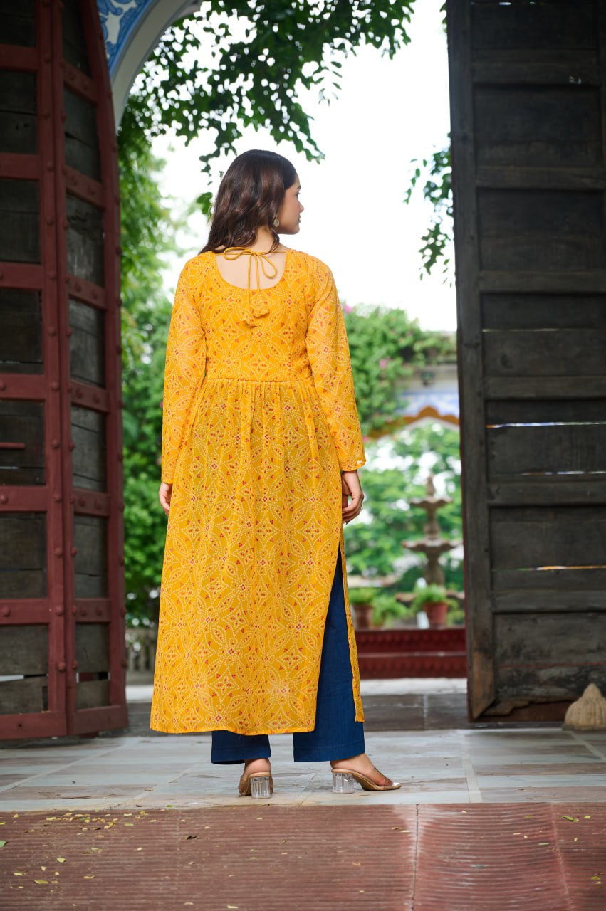 Banjara India Bandhej Printed with kutchi Patch-work Faux Georgette Kurti- Mango