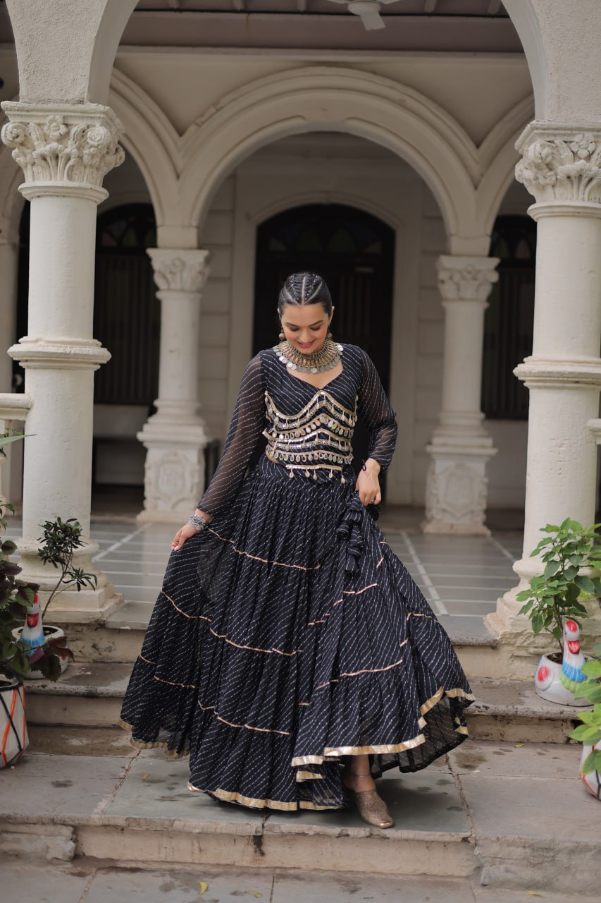 Banjara India  Long Flair Lehenga Choli Set- Black