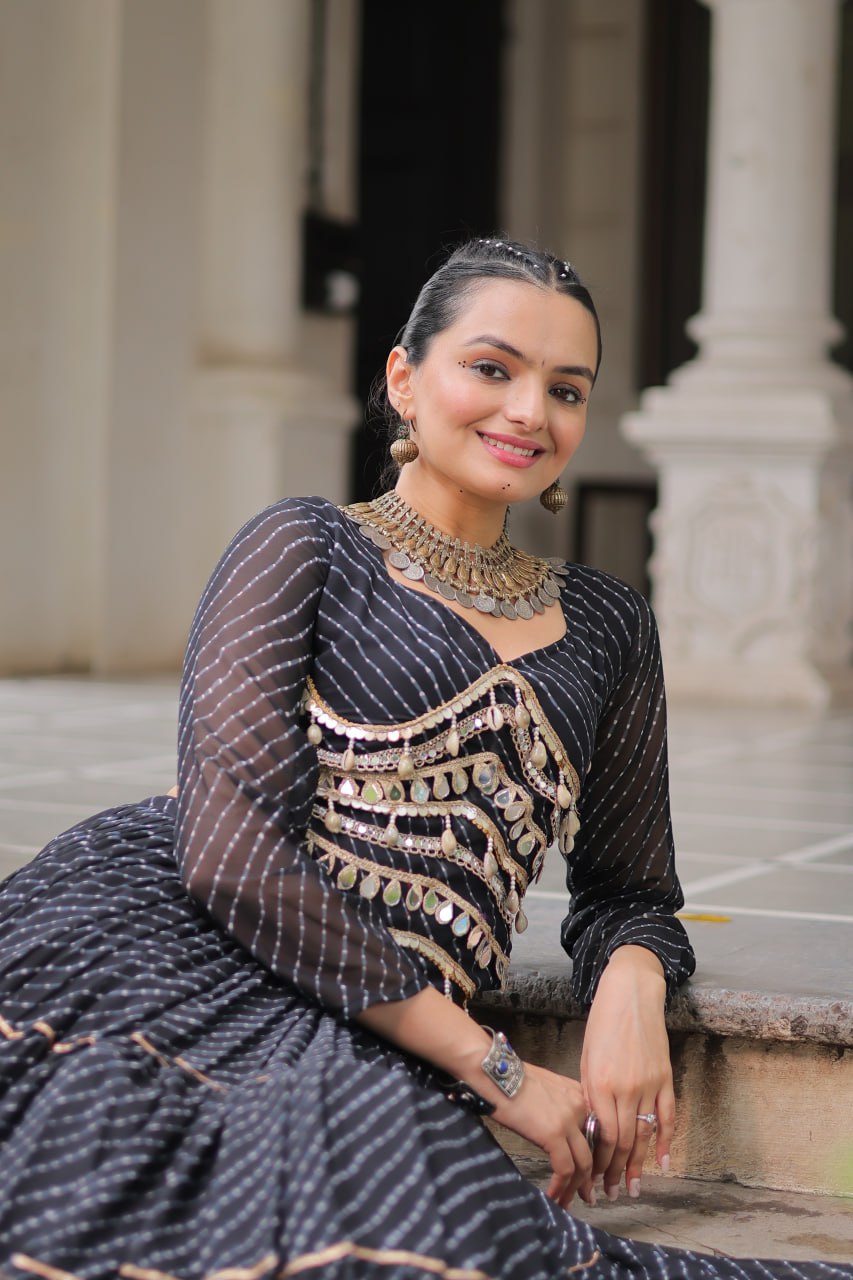 Banjara India  Long Flair Lehenga Choli Set- Black