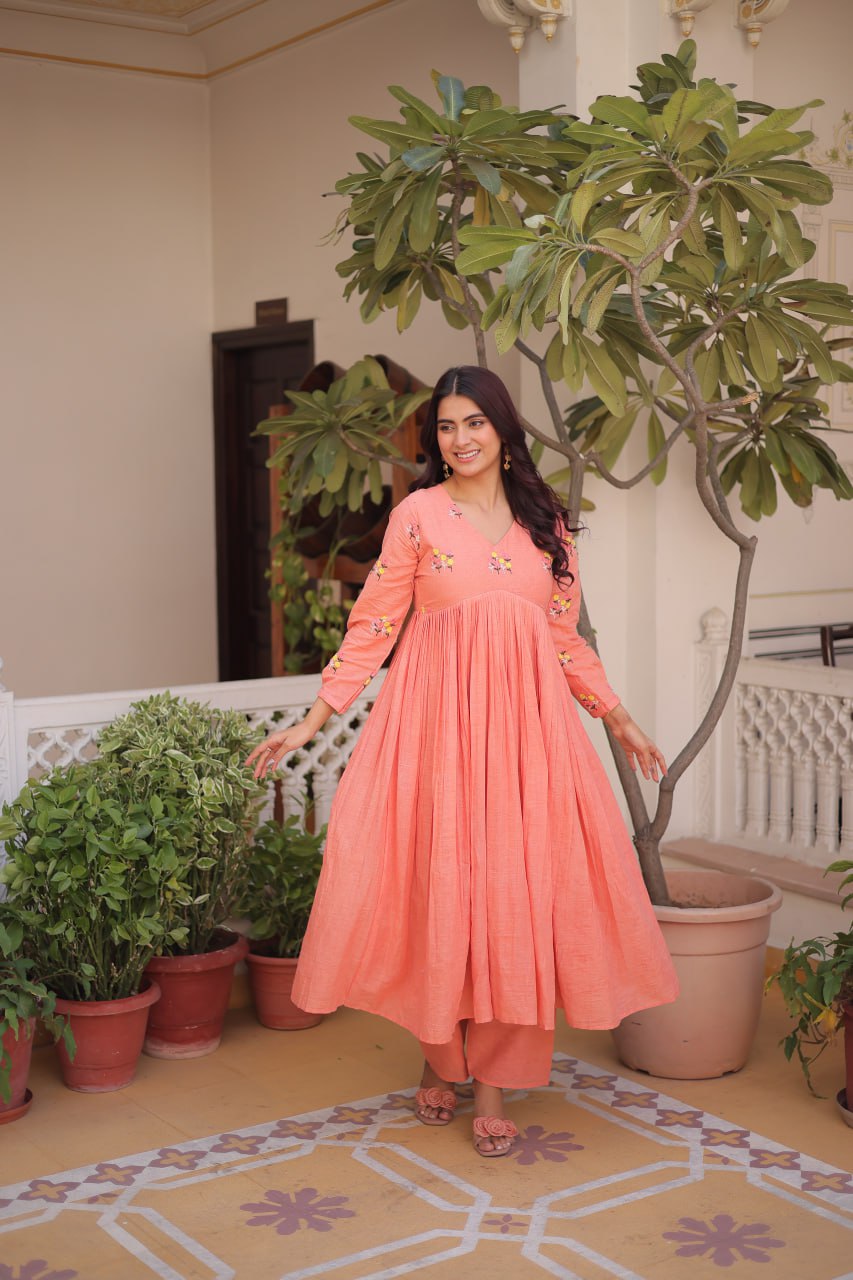 Banjara India Premium Cotton Embroidered Kurti Pant Set for Women-Peach