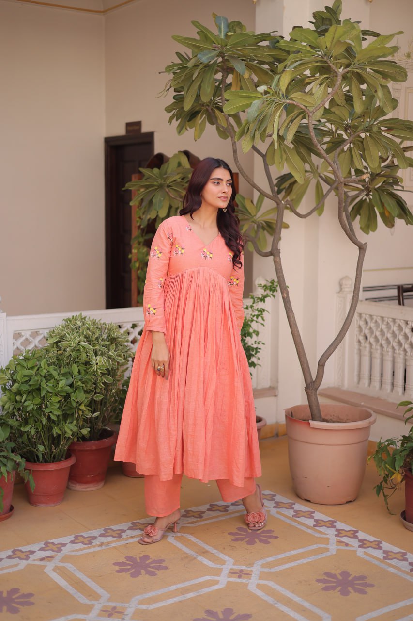 Banjara India Premium Cotton Embroidered Kurti Pant Set for Women-Peach