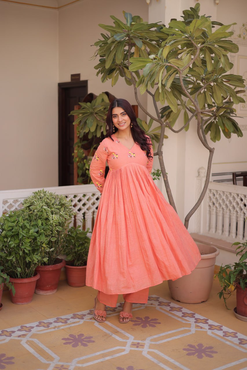 Banjara India Premium Cotton Embroidered Kurti Pant Set for Women-Peach