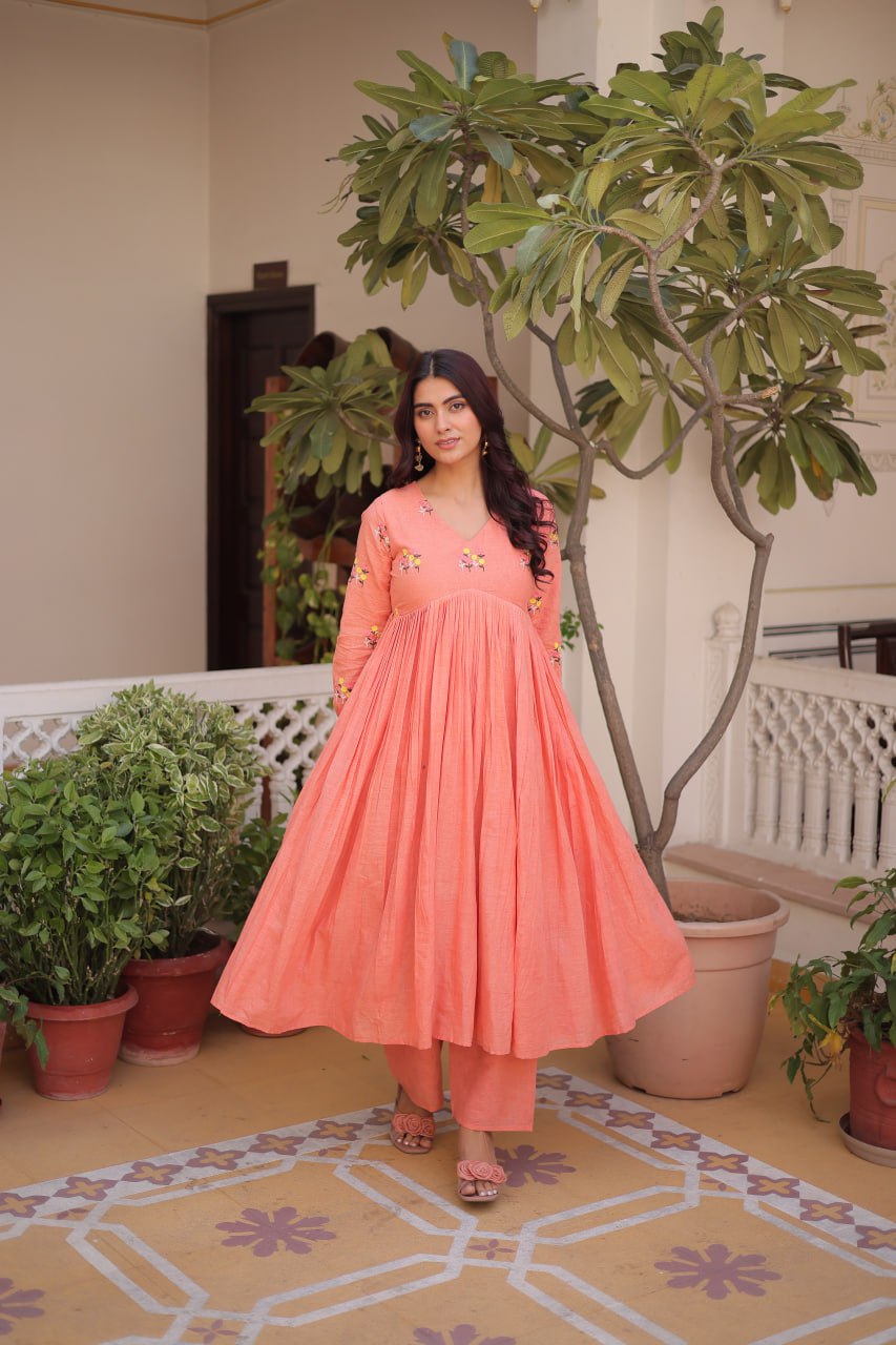 Banjara India Premium Cotton Embroidered Kurti Pant Set for Women-Peach