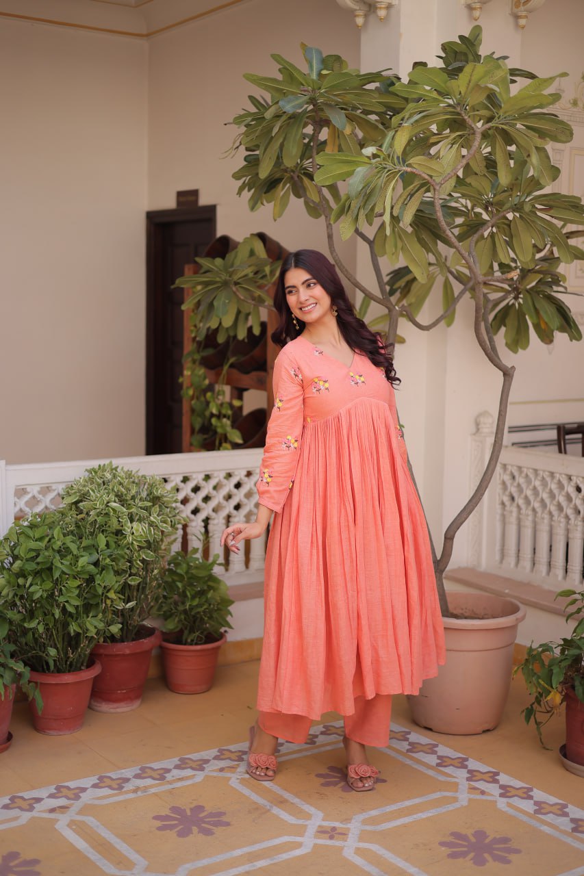 Banjara India Premium Cotton Embroidered Kurti Pant Set for Women-Peach