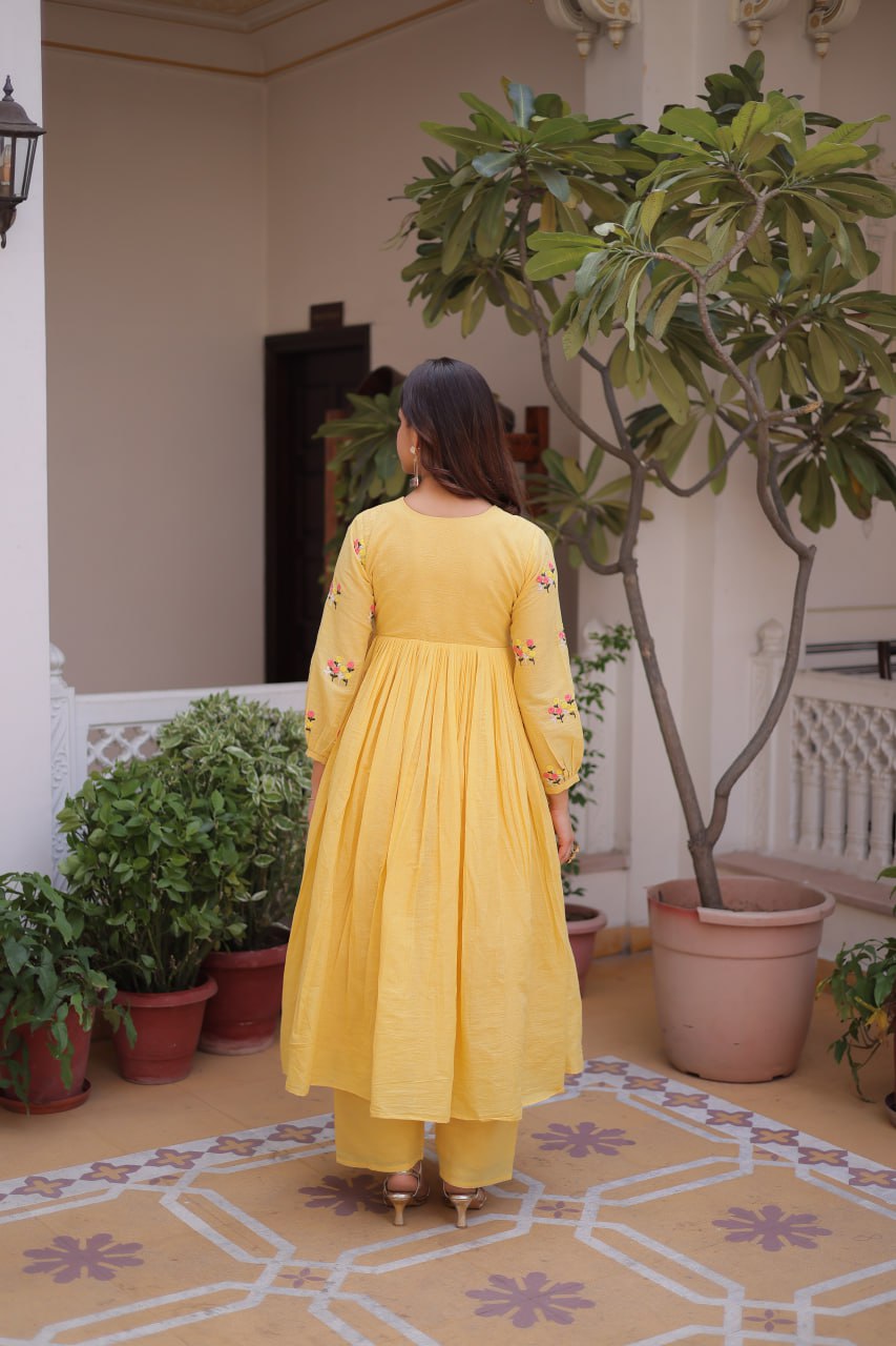 Banjara India Premium Cotton Embroidered Kurti Pant Set for Women-Lemon