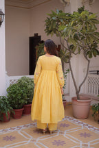 Banjara India Premium Cotton Embroidered Kurti Pant Set for Women-Lemon