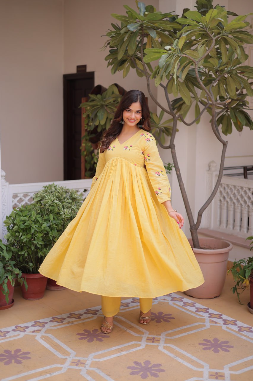 Banjara India Premium Cotton Embroidered Kurti Pant Set for Women-Lemon