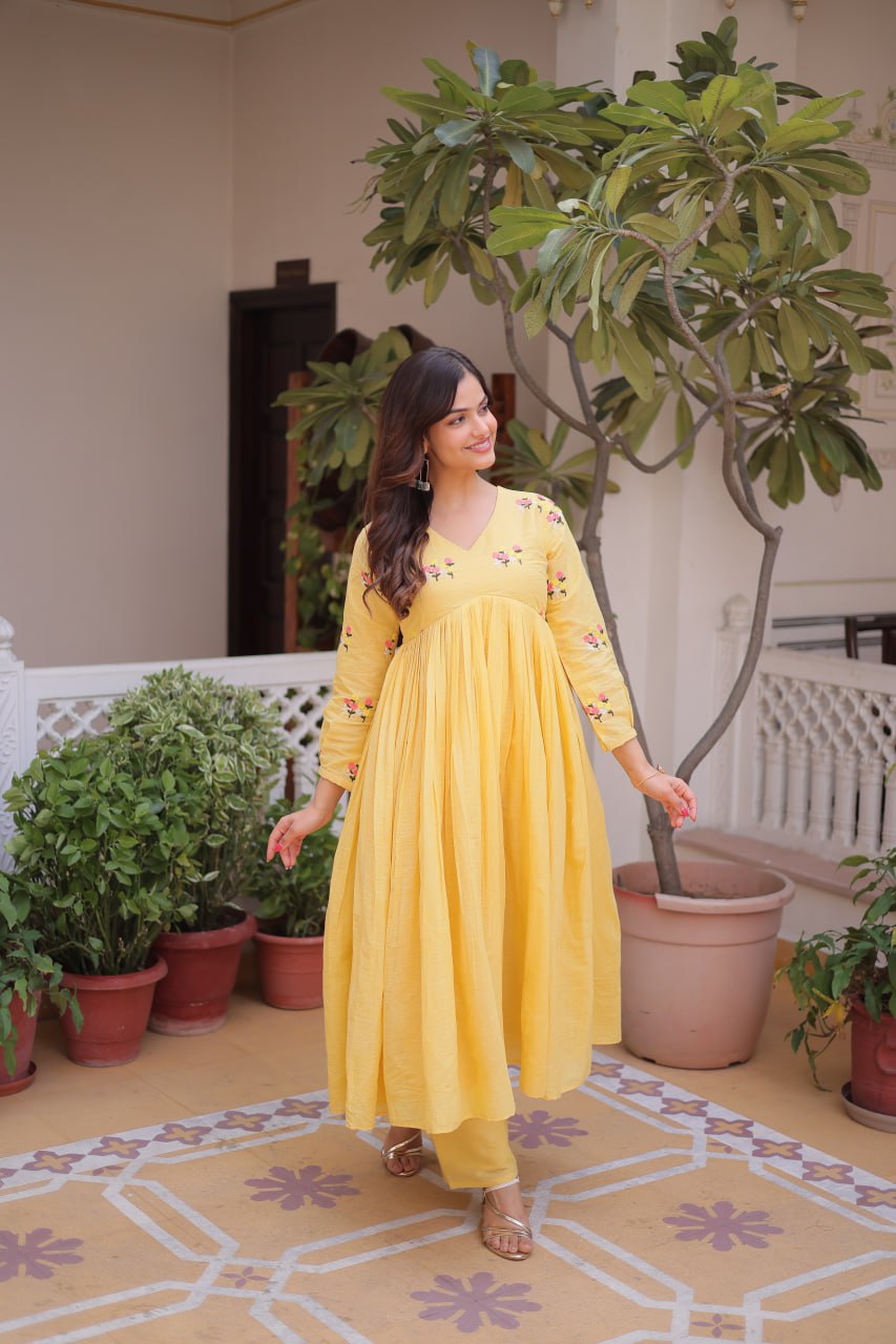 Banjara India Premium Cotton Embroidered Kurti Pant Set for Women-Lemon