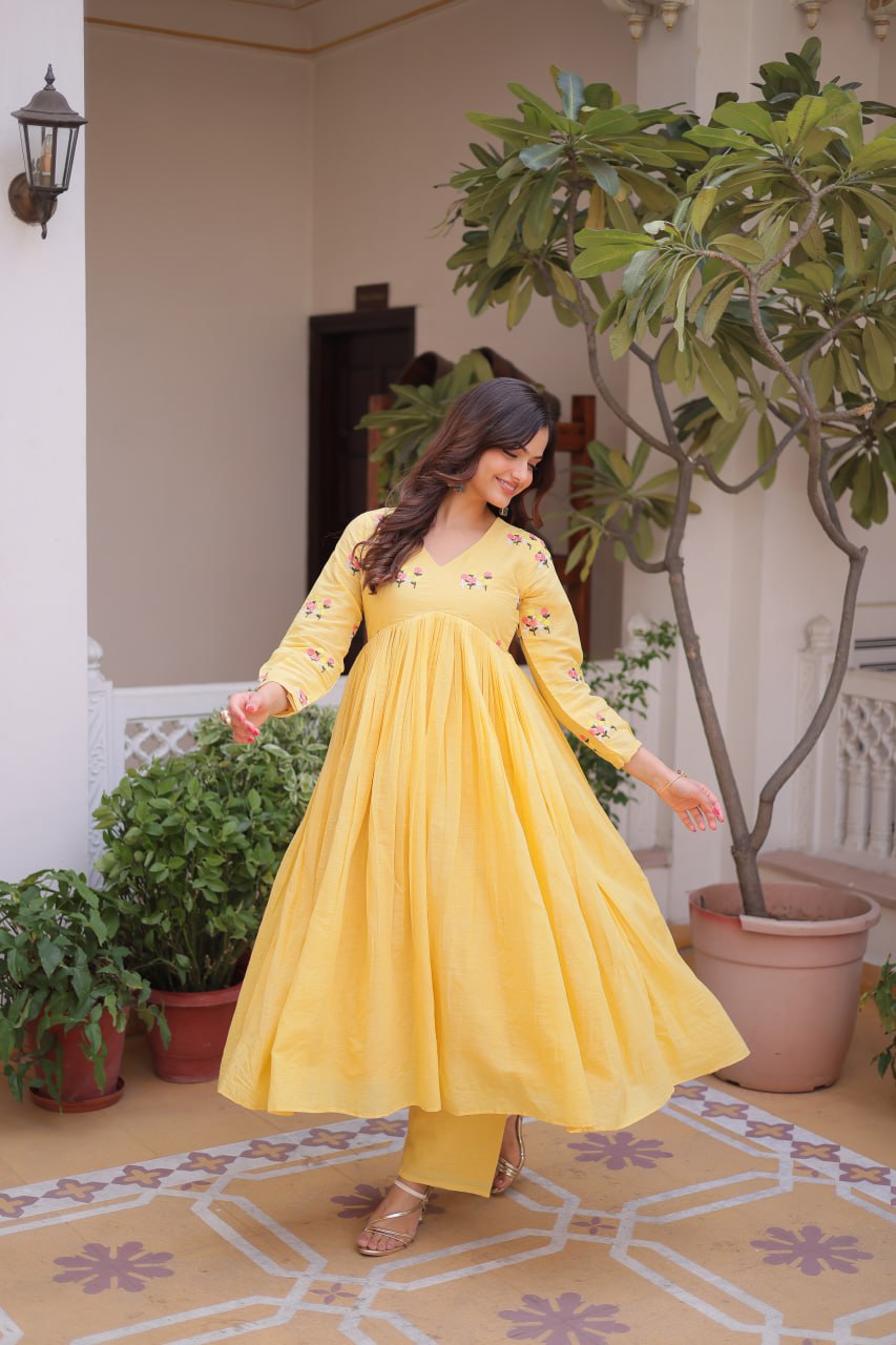 Banjara India Premium Cotton Embroidered Kurti Pant Set for Women-Lemon