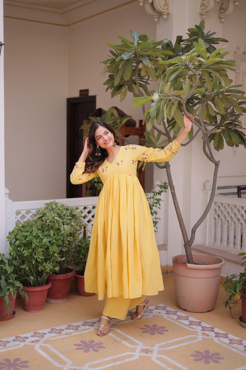 Banjara India Premium Cotton Embroidered Kurti Pant Set for Women-Lemon