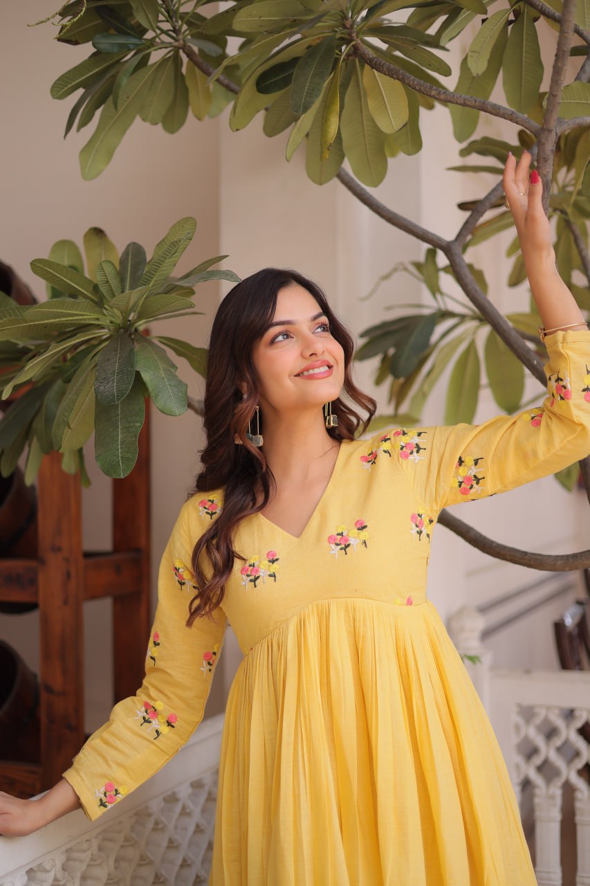 Banjara India Premium Cotton Embroidered Kurti Pant Set for Women-Lemon