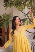 Banjara India Premium Cotton Embroidered Kurti Pant Set for Women-Lemon
