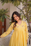 Banjara India Premium Cotton Embroidered Kurti Pant Set for Women-Lemon
