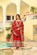 Banjara India Faux blooming With Sequins Embroidered work  gown with designer lace border dupatta- Red