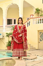 Banjara India Faux blooming With Sequins Embroidered work  gown with designer lace border dupatta- Red