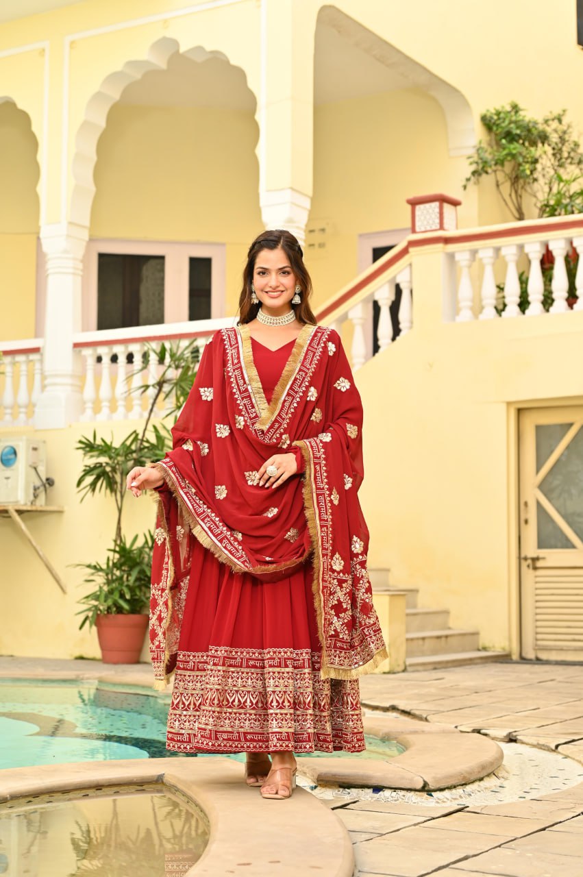 Banjara India Faux blooming With Sequins Embroidered work  gown with designer lace border dupatta- Red