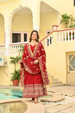 Banjara India Faux blooming With Sequins Embroidered work  gown with designer lace border dupatta- Red