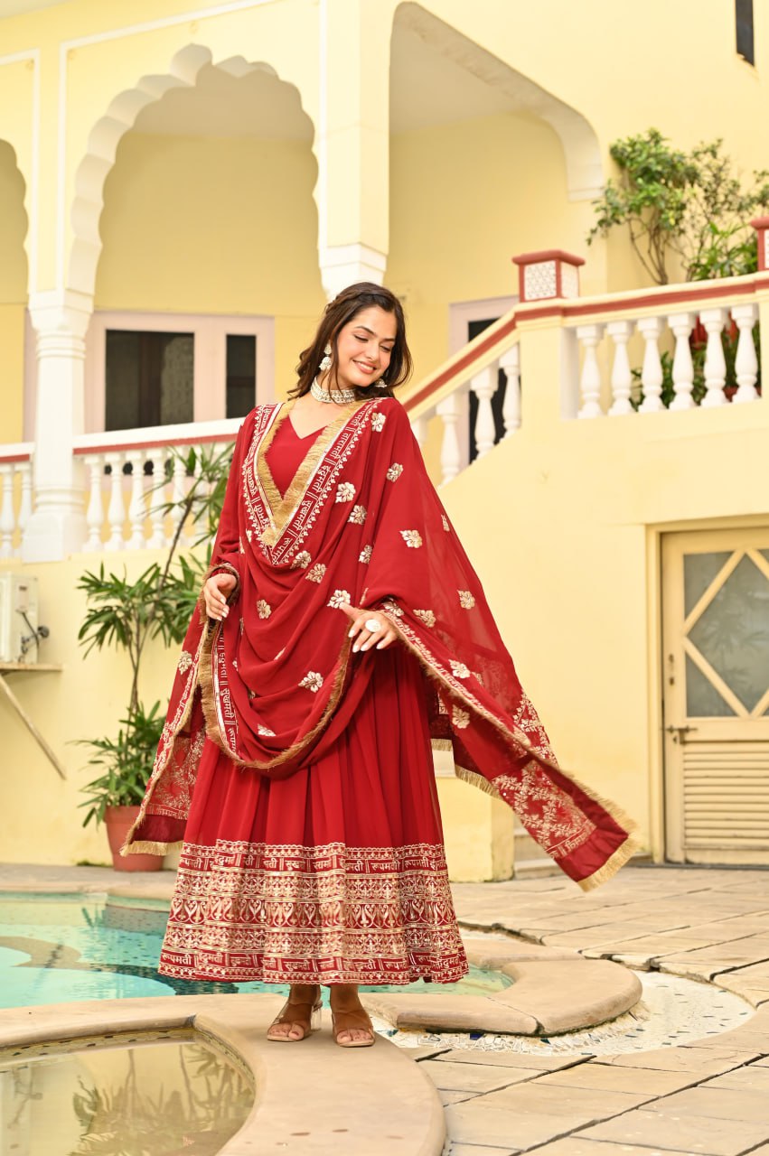 Banjara India Faux blooming With Sequins Embroidered work  gown with designer lace border dupatta- Red