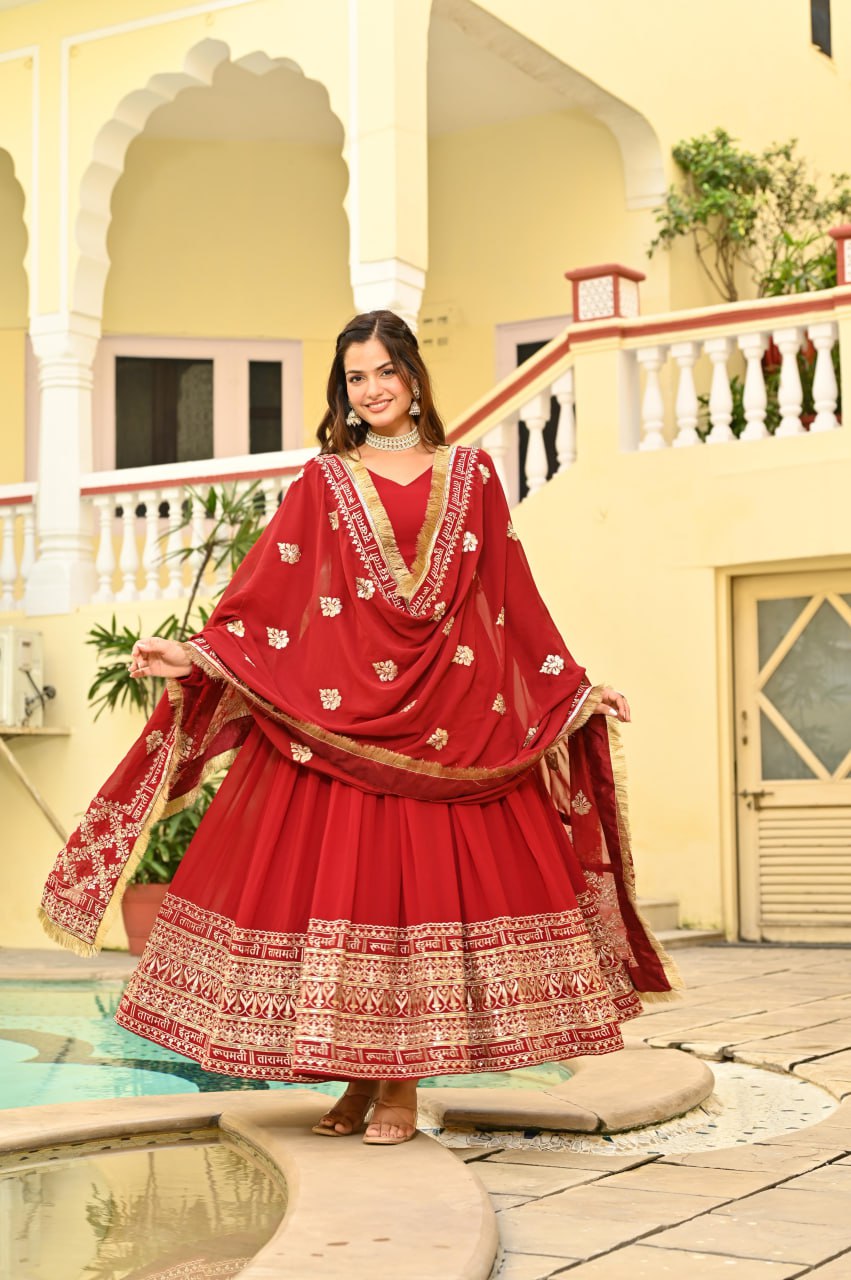 Banjara India Faux blooming With Sequins Embroidered work  gown with designer lace border dupatta- Red