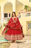 Banjara India Faux blooming With Sequins Embroidered work  gown with designer lace border dupatta- Red