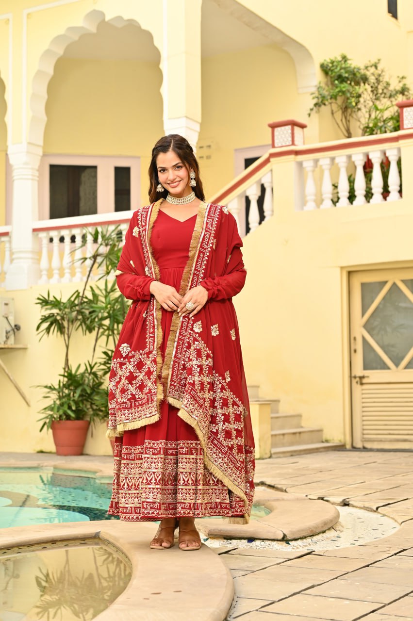 Banjara India Faux blooming With Sequins Embroidered work  gown with designer lace border dupatta- Red