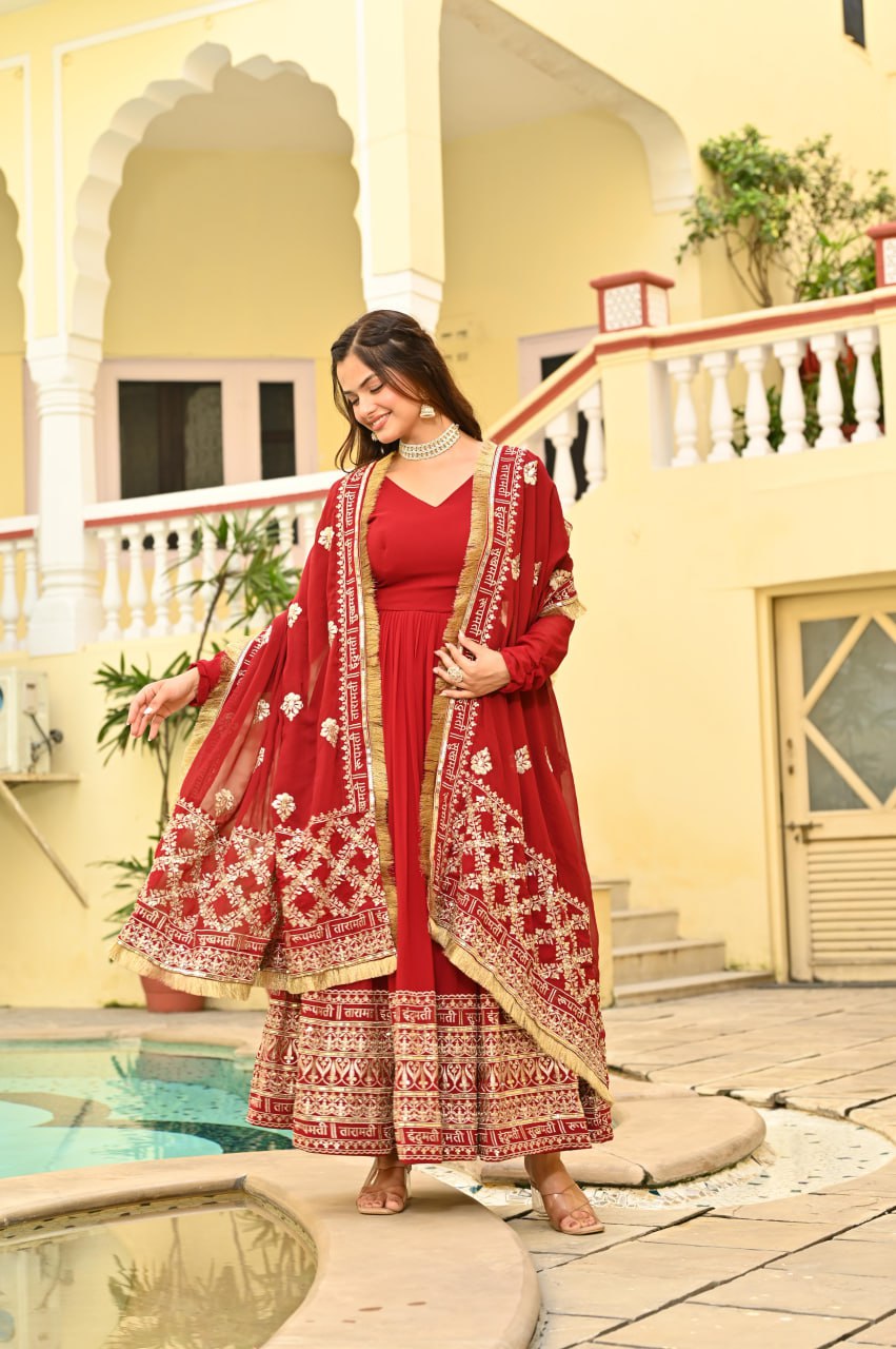 Banjara India Faux blooming With Sequins Embroidered work  gown with designer lace border dupatta- Red