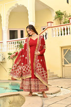 Banjara India Faux blooming With Sequins Embroidered work  gown with designer lace border dupatta- Red