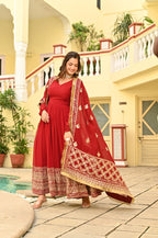 Banjara India Faux blooming With Sequins Embroidered work  gown with designer lace border dupatta- Red