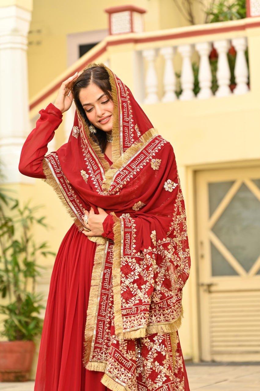 Banjara India Faux blooming With Sequins Embroidered work  gown with designer lace border dupatta- Red