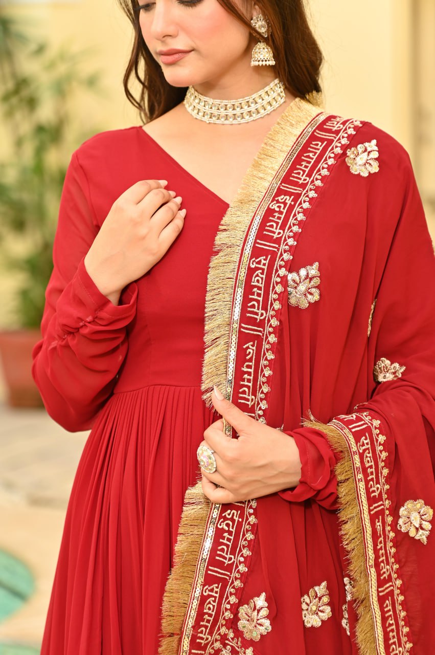 Banjara India Faux blooming With Sequins Embroidered work  gown with designer lace border dupatta- Red