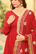 Banjara India Faux blooming With Sequins Embroidered work  gown with designer lace border dupatta- Red