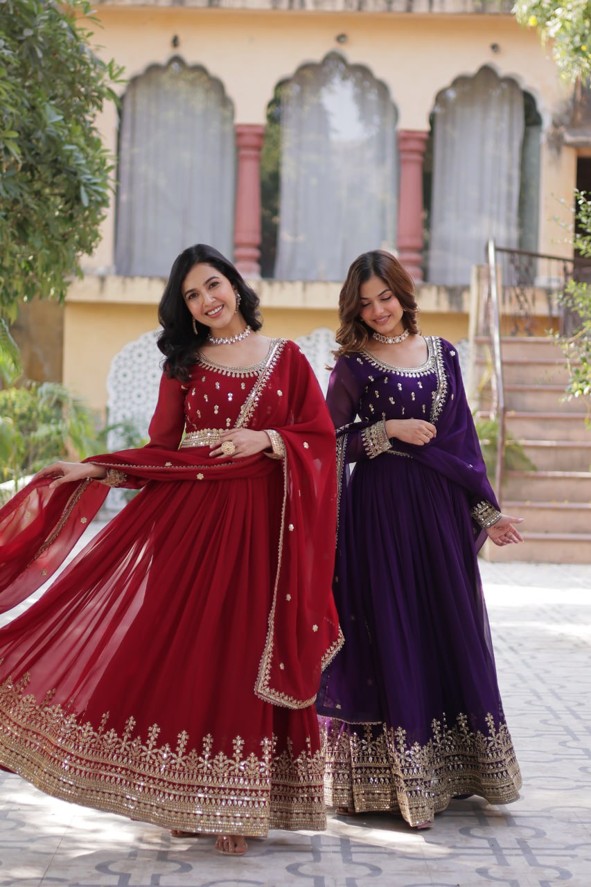 Banjara India Faux Blooming with Embroidery Zari Sequins-work Maroon