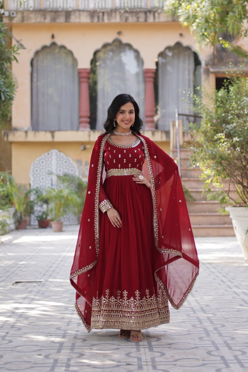 Banjara India Faux Blooming with Embroidery Zari Sequins-work Maroon