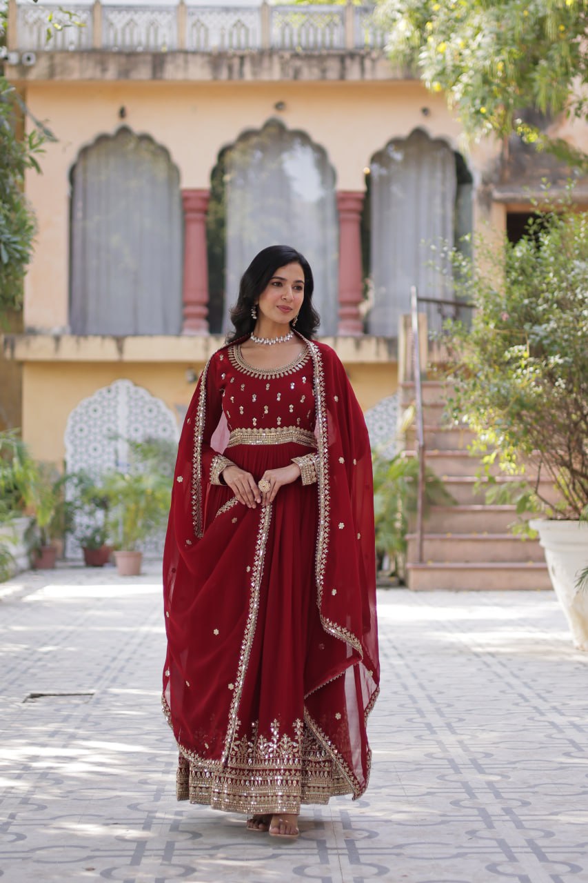 Banjara India Faux Blooming with Embroidery Zari Sequins-work Maroon
