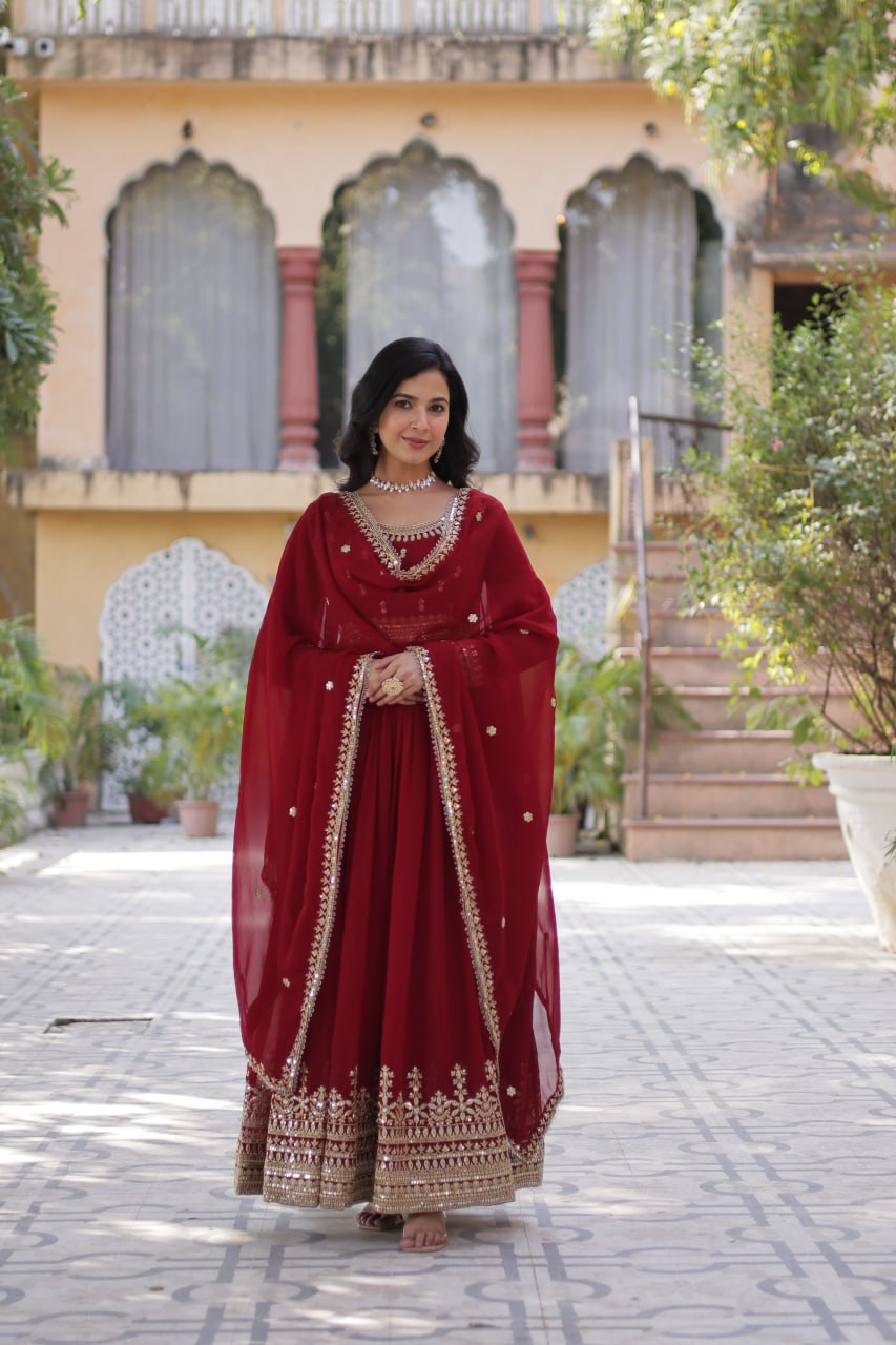 Banjara India Faux Blooming with Embroidery Zari Sequins-work Maroon