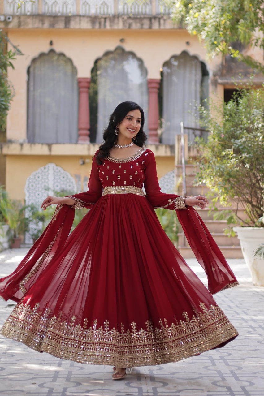 Banjara India Faux Blooming with Embroidery Zari Sequins-work Maroon