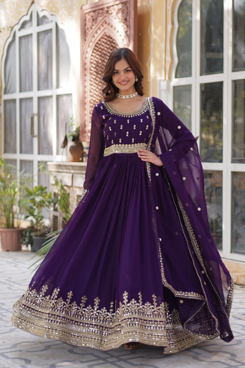 Banjara India Faux Blooming with Embroidery Zari Sequins-work Purple