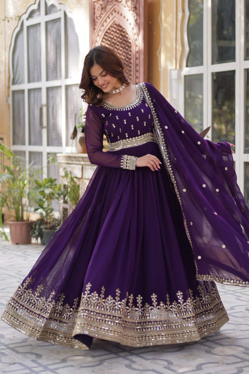 Banjara India Faux Blooming with Embroidery Zari Sequins-work Purple
