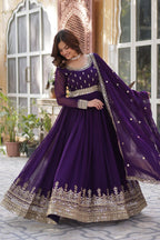 Banjara India Faux Blooming with Embroidery Zari Sequins-work Purple