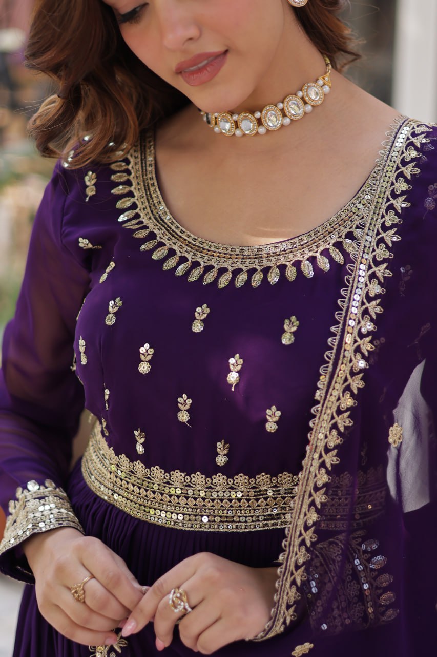 Banjara India Faux Blooming with Embroidery Zari Sequins-work Purple