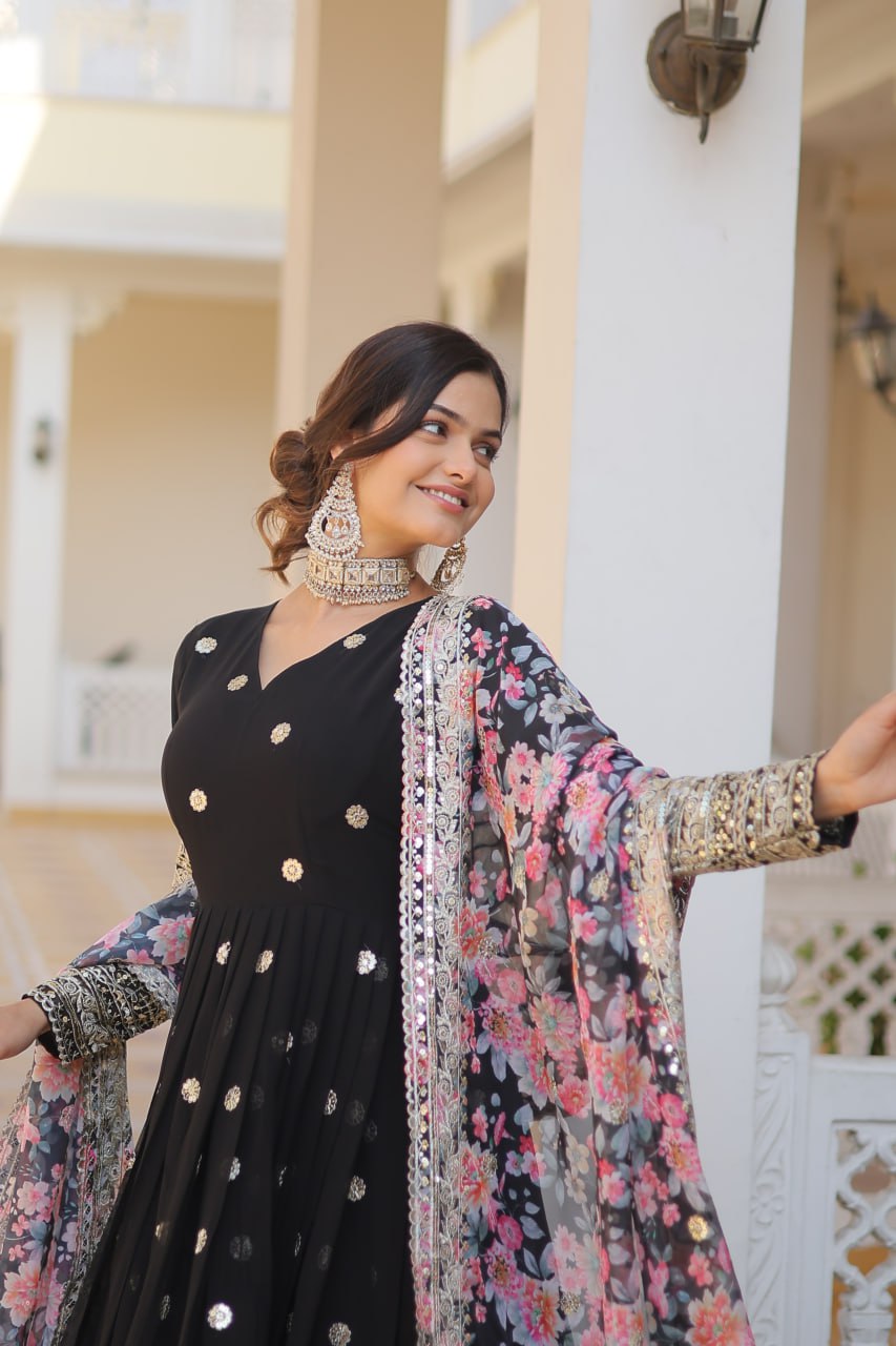 Banjara India Faux Georgette with Embroidery Zari Sequins-work Black