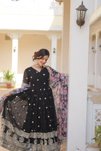 Banjara India Faux Georgette with Embroidery Zari Sequins-work Black