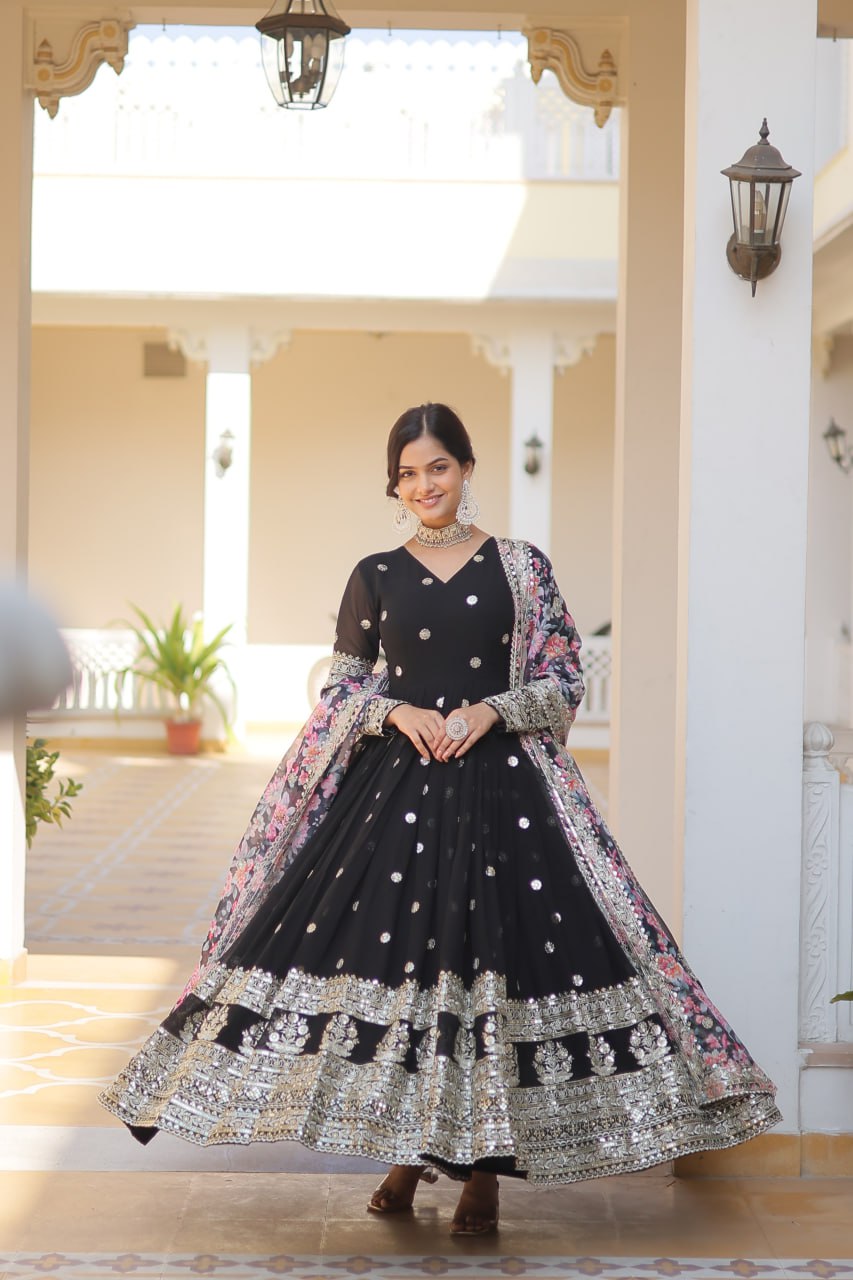 Banjara India Faux Georgette with Embroidery Zari Sequins-work Black