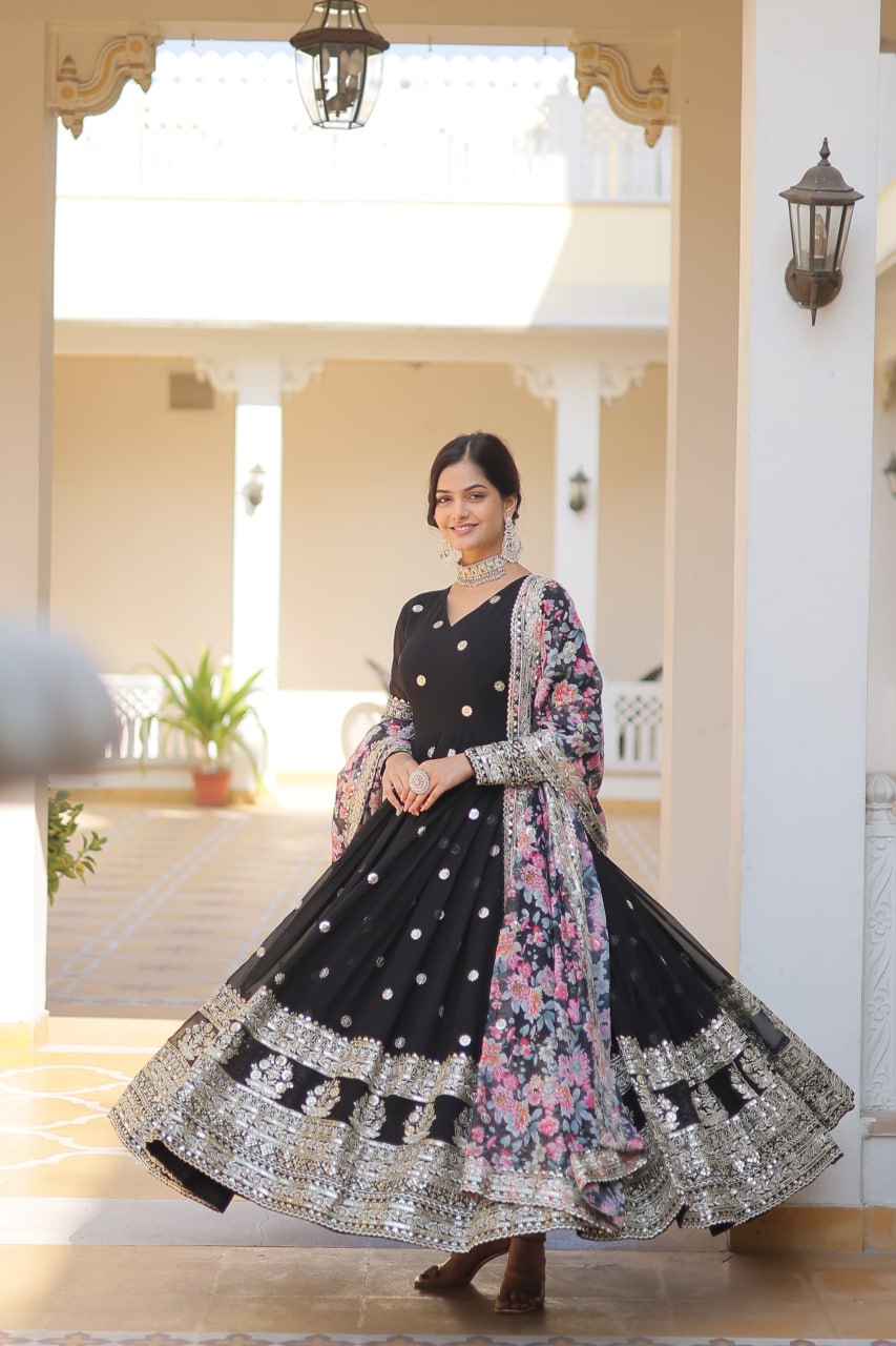 Banjara India Faux Georgette with Embroidery Zari Sequins-work Black