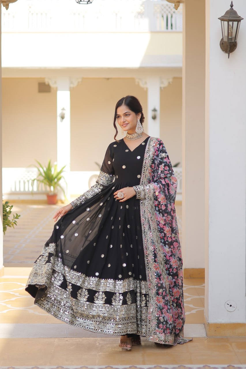 Banjara India Faux Georgette with Embroidery Zari Sequins-work Black